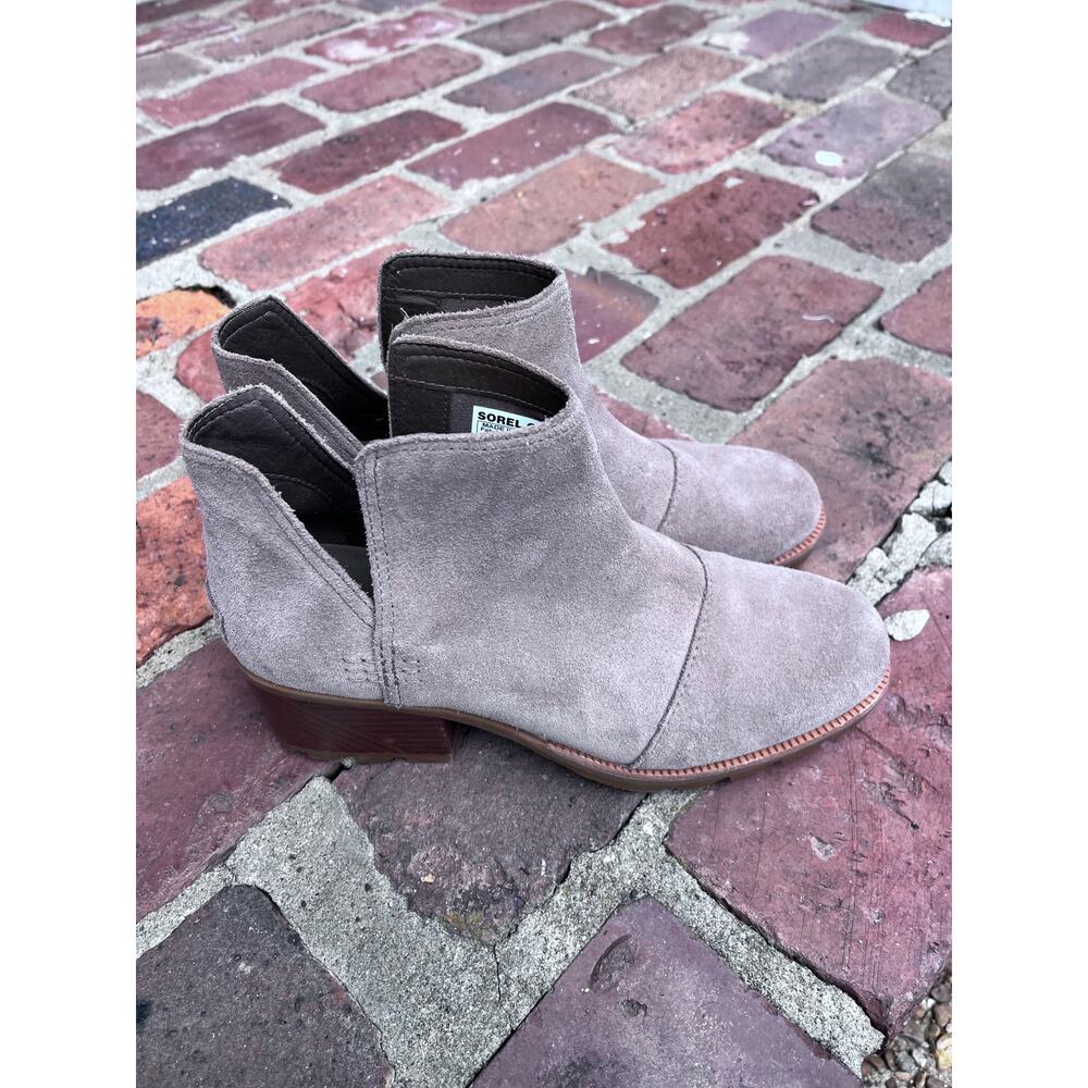 Sorel Boots Womens 9Cate Cut Out Ankle Bootie Beige Suede Leather Block Heel